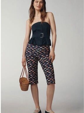 Maeve Anthropologie Fishing Lures Cropped Capri Pants Navy Blue Elastic Waist MT